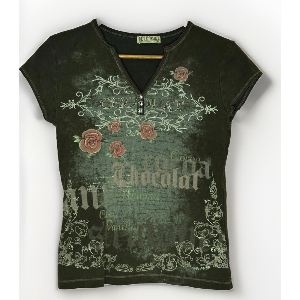 Y2K Brown Western Baby Tee Floral Rhinestone Chocolate Cowgirl Top M